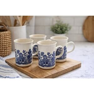 Blue Willow Stoneware Mugs Set of 4 Vintage Blue & White Chinoiserie Cups